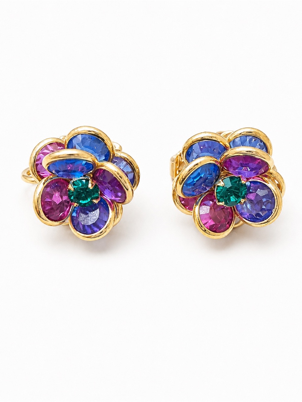 Vintage Swarovski‎ Crystal Flower Clip-On Earrings Multicolor Rhinestone